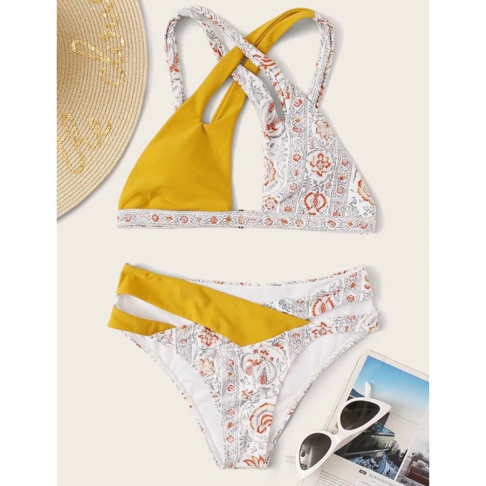 (NEW) Yellow and White Tribal Print Boho Bikini